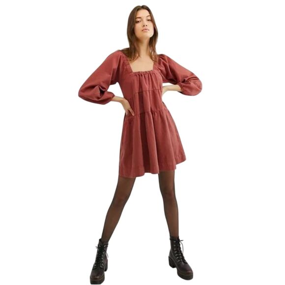 Free People Blue Jean Babydoll Dress Denim Mini Square Neck Puff Sleeve Small - Picture 1 of 10